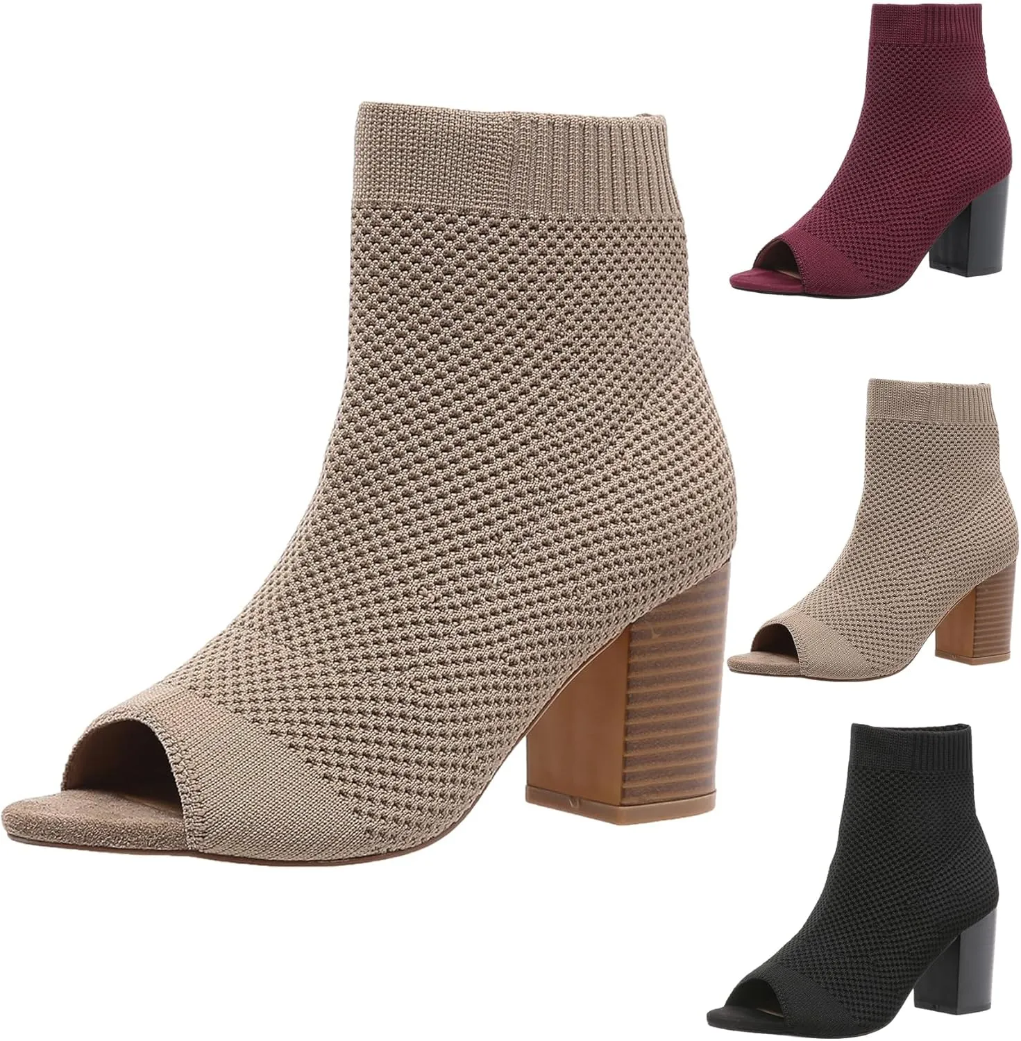 Peep Toe Booties for Women Knit Open Toe Chunky Block Heels Breathable Sock Boots Summer Casual Slip On Dress Sock Booties