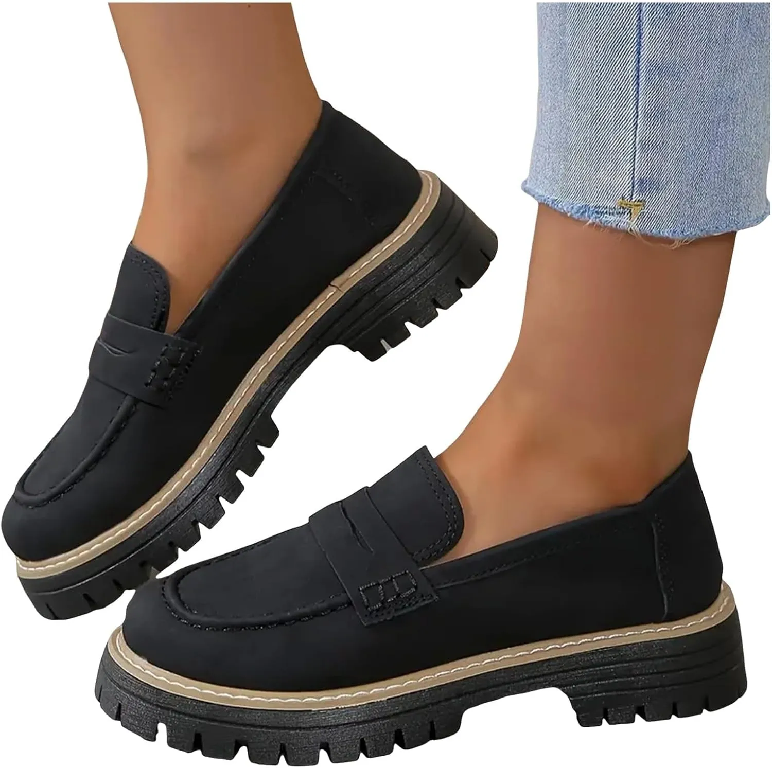 Platform Loafers for Women 2025,Women Platform Loafer,Business Casual Shoes Women,Work Shoes Women Business Casual,Suede Penny Loafers Lug Sole Slip-Ons Shoes Women Penny Loafers
