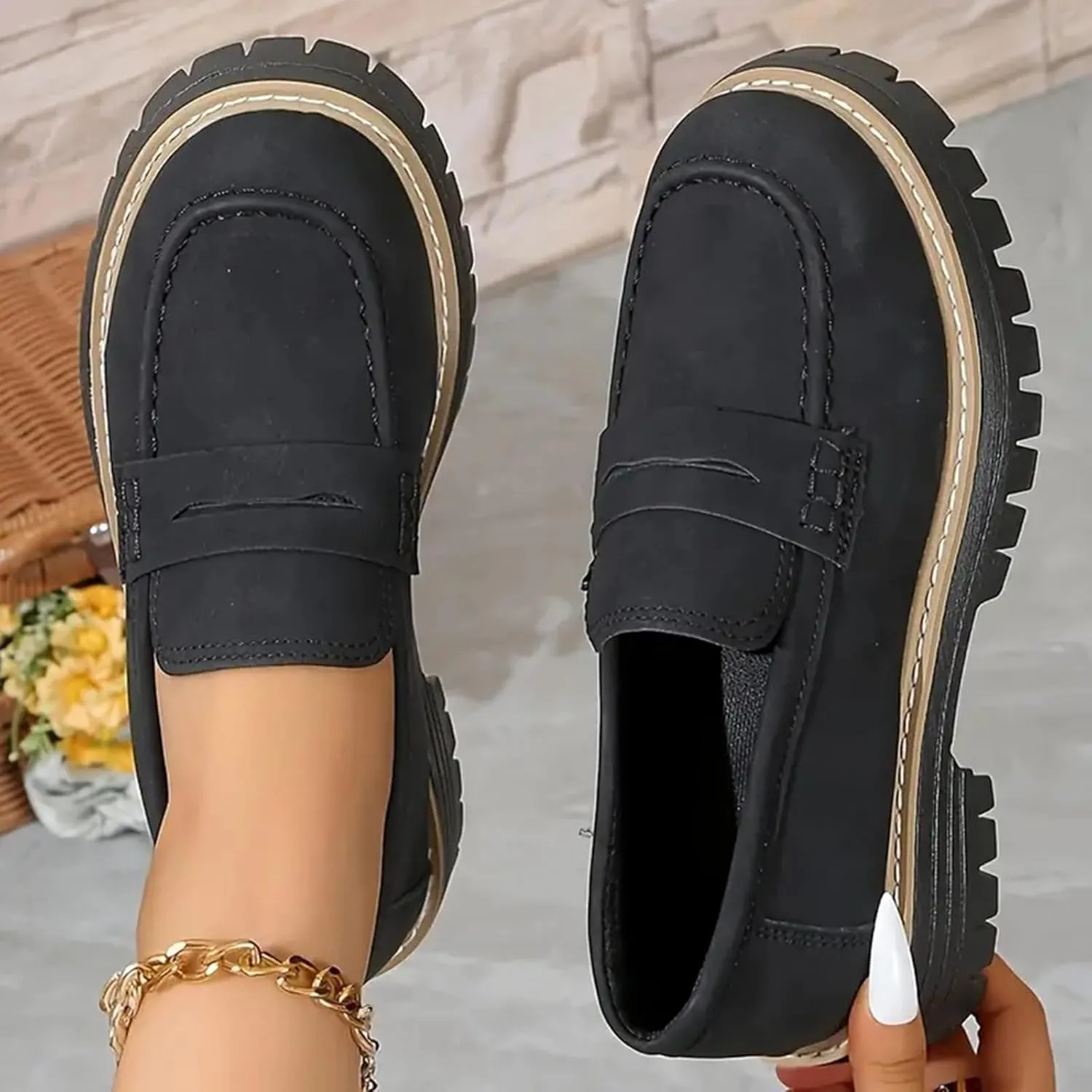 Platform Loafers for Women 2025,Women Platform Loafer,Business Casual Shoes Women,Work Shoes Women Business Casual,Suede Penny Loafers Lug Sole Slip-Ons Shoes Women Penny Loafers