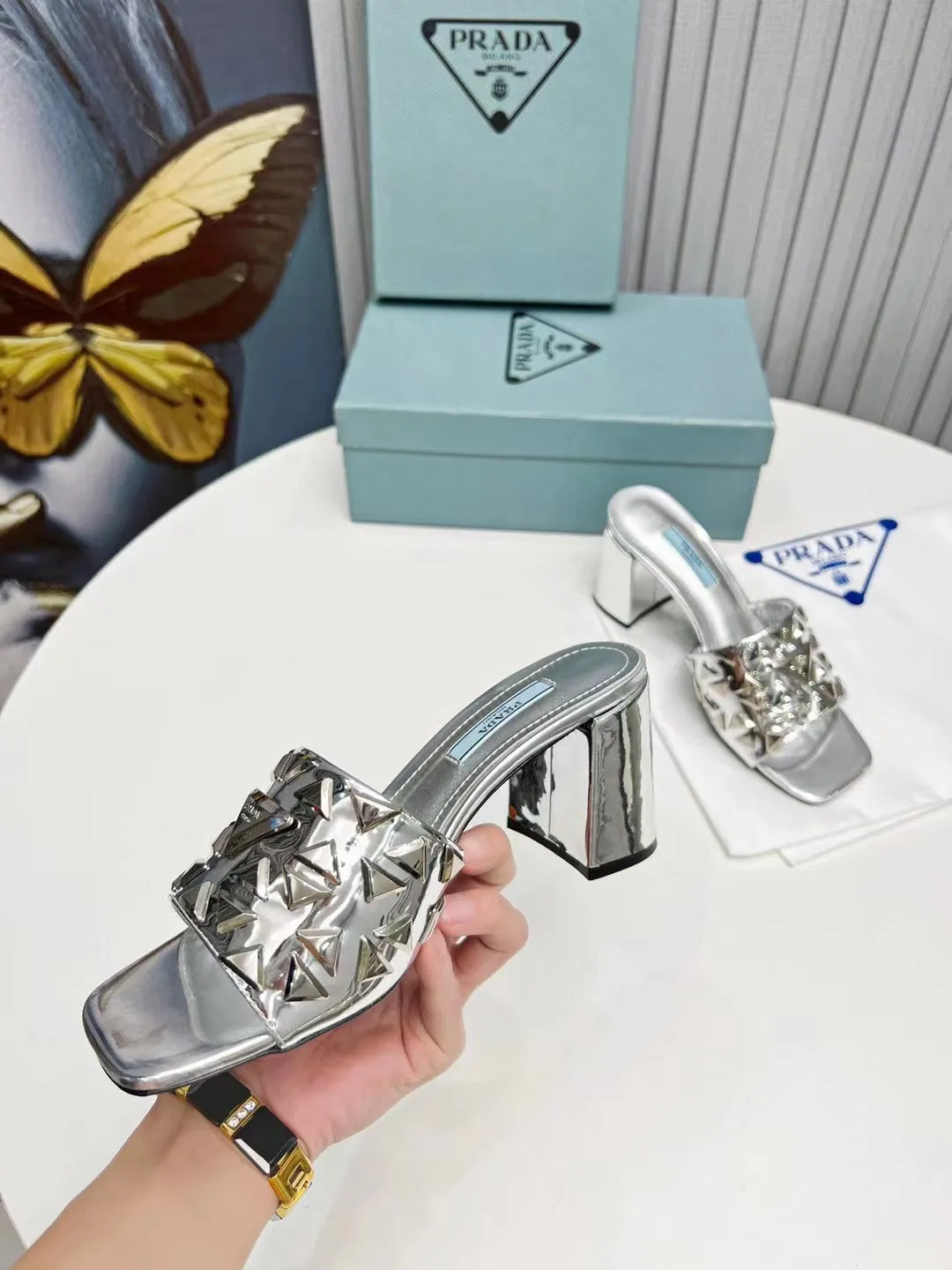 PRA EMBROIDERED SANDALS 65 SILVER CALFSKIN