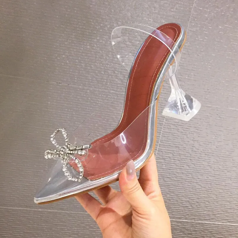 Purpdrank - Designer Women Pumps Crystal PVC Transparent Pointed Toe Rhinestone Bowtie High Heels Wedding Shoes Clear Heel Slingbacks Pumps