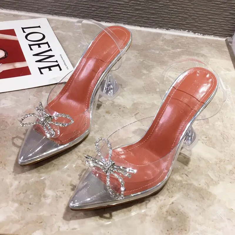 Purpdrank - Designer Women Pumps Crystal PVC Transparent Pointed Toe Rhinestone Bowtie High Heels Wedding Shoes Clear Heel Slingbacks Pumps