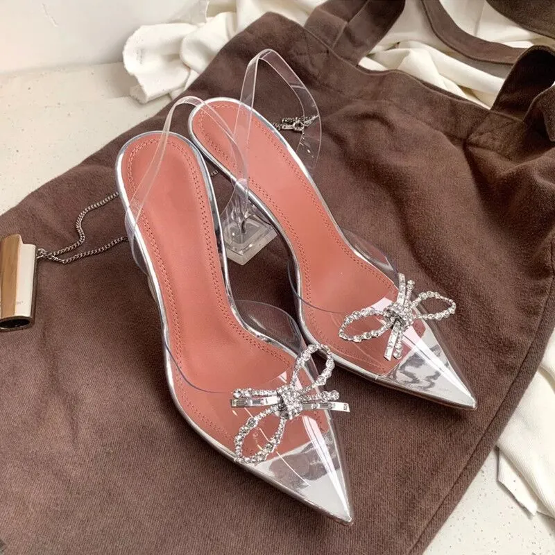 Purpdrank - Designer Women Pumps Crystal PVC Transparent Pointed Toe Rhinestone Bowtie High Heels Wedding Shoes Clear Heel Slingbacks Pumps