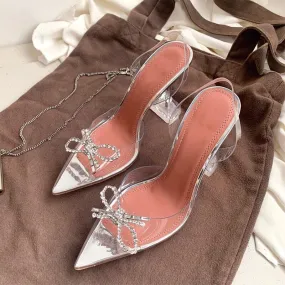 Purpdrank - Designer Women Pumps Crystal PVC Transparent Pointed Toe Rhinestone Bowtie High Heels Wedding Shoes Clear Heel Slingbacks Pumps