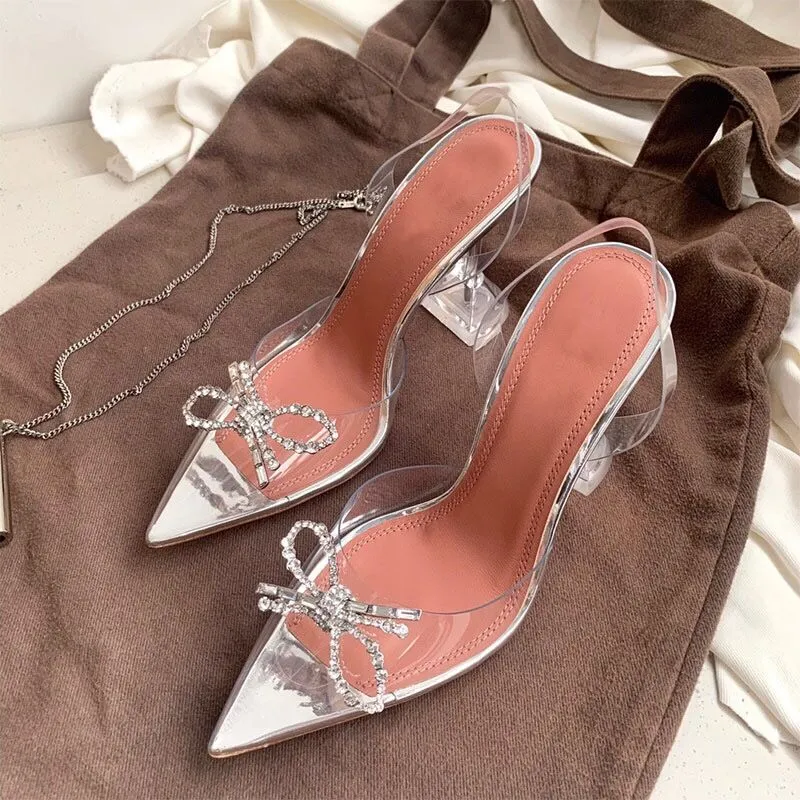 Purpdrank - Designer Women Pumps Crystal PVC Transparent Pointed Toe Rhinestone Bowtie High Heels Wedding Shoes Clear Heel Slingbacks Pumps