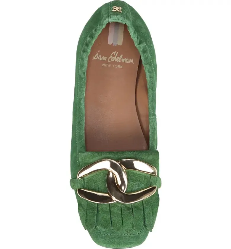 Sam Edelman Mimi Thyme Green Slip On Squared Toe Golden Accent Ballet Flats