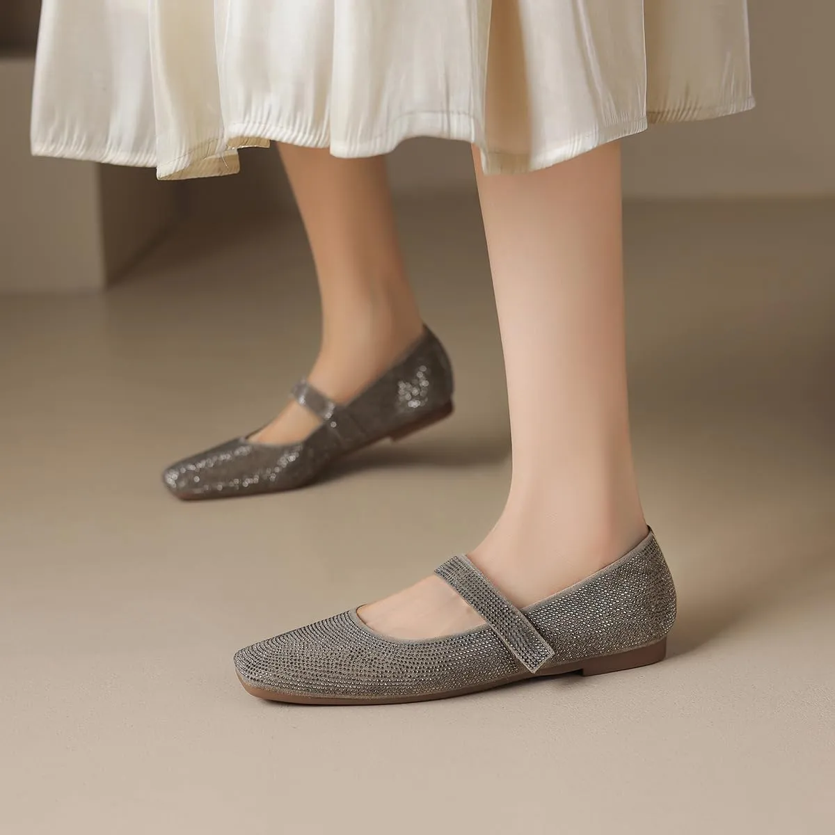SHODENSE Women Vintage Rhinestone Flats Square Toe Mary Jane Flats Ankle Strap Glitter Ballet Flats Hook & Loop Flat Heel Dress Shoes Sparkly Ladies Girl Office Work Wedding Party Flat Shoes 4-11 M US