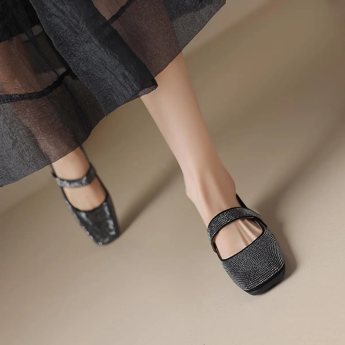 SHODENSE Women Vintage Rhinestone Flats Square Toe Mary Jane Flats Ankle Strap Glitter Ballet Flats Hook & Loop Flat Heel Dress Shoes Sparkly Ladies Girl Office Work Wedding Party Flat Shoes 4-11 M US