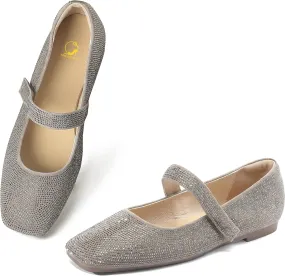 SHODENSE Women Vintage Rhinestone Flats Square Toe Mary Jane Flats Ankle Strap Glitter Ballet Flats Hook & Loop Flat Heel Dress Shoes Sparkly Ladies Girl Office Work Wedding Party Flat Shoes 4-11 M US