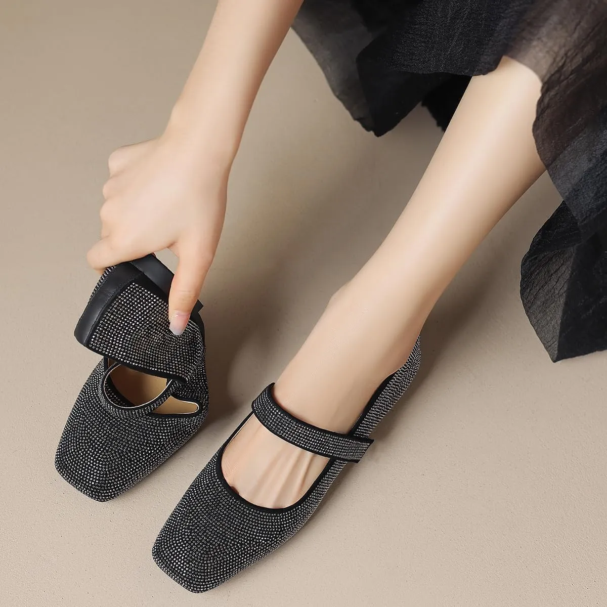 SHODENSE Women Vintage Rhinestone Flats Square Toe Mary Jane Flats Ankle Strap Glitter Ballet Flats Hook & Loop Flat Heel Dress Shoes Sparkly Ladies Girl Office Work Wedding Party Flat Shoes 4-11 M US