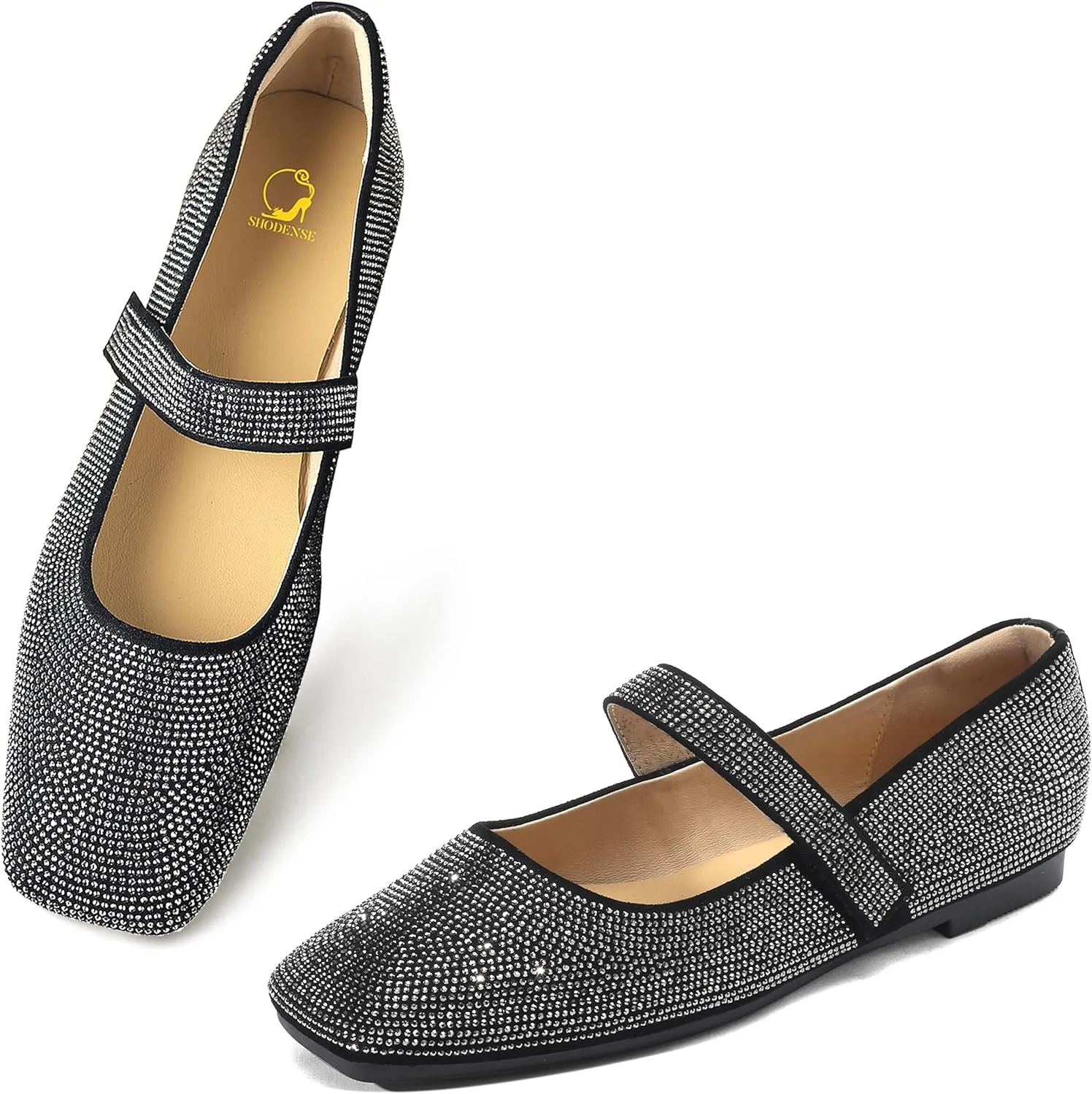 SHODENSE Women Vintage Rhinestone Flats Square Toe Mary Jane Flats Ankle Strap Glitter Ballet Flats Hook & Loop Flat Heel Dress Shoes Sparkly Ladies Girl Office Work Wedding Party Flat Shoes 4-11 M US