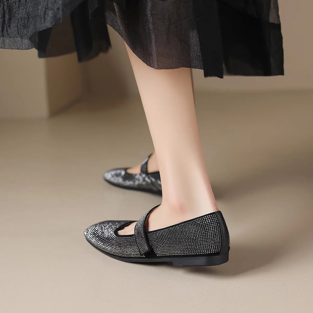SHODENSE Women Vintage Rhinestone Flats Square Toe Mary Jane Flats Ankle Strap Glitter Ballet Flats Hook & Loop Flat Heel Dress Shoes Sparkly Ladies Girl Office Work Wedding Party Flat Shoes 4-11 M US