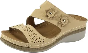 Slippers for Women Open Toe Leather Orthopedic Sandals with Arch Support Dressy Comfortable Non Slip Solid Color Open Toe Sandals Walking Sandal Dressy Walking Summer Beach Flower Slippers 2025