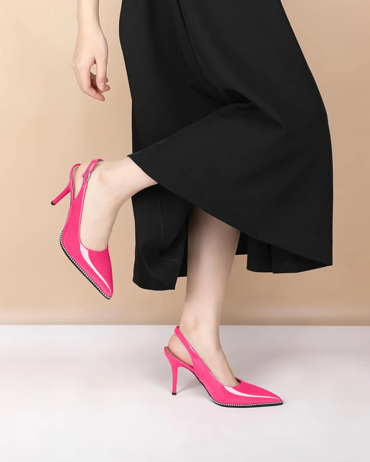 Soireelady Women Slingback High Heel Beaded Pumps Closed Pointed Toe Slip On Stilettos Adjustable Buckle Dress Pumps Shoes Patent 3.5 Inches