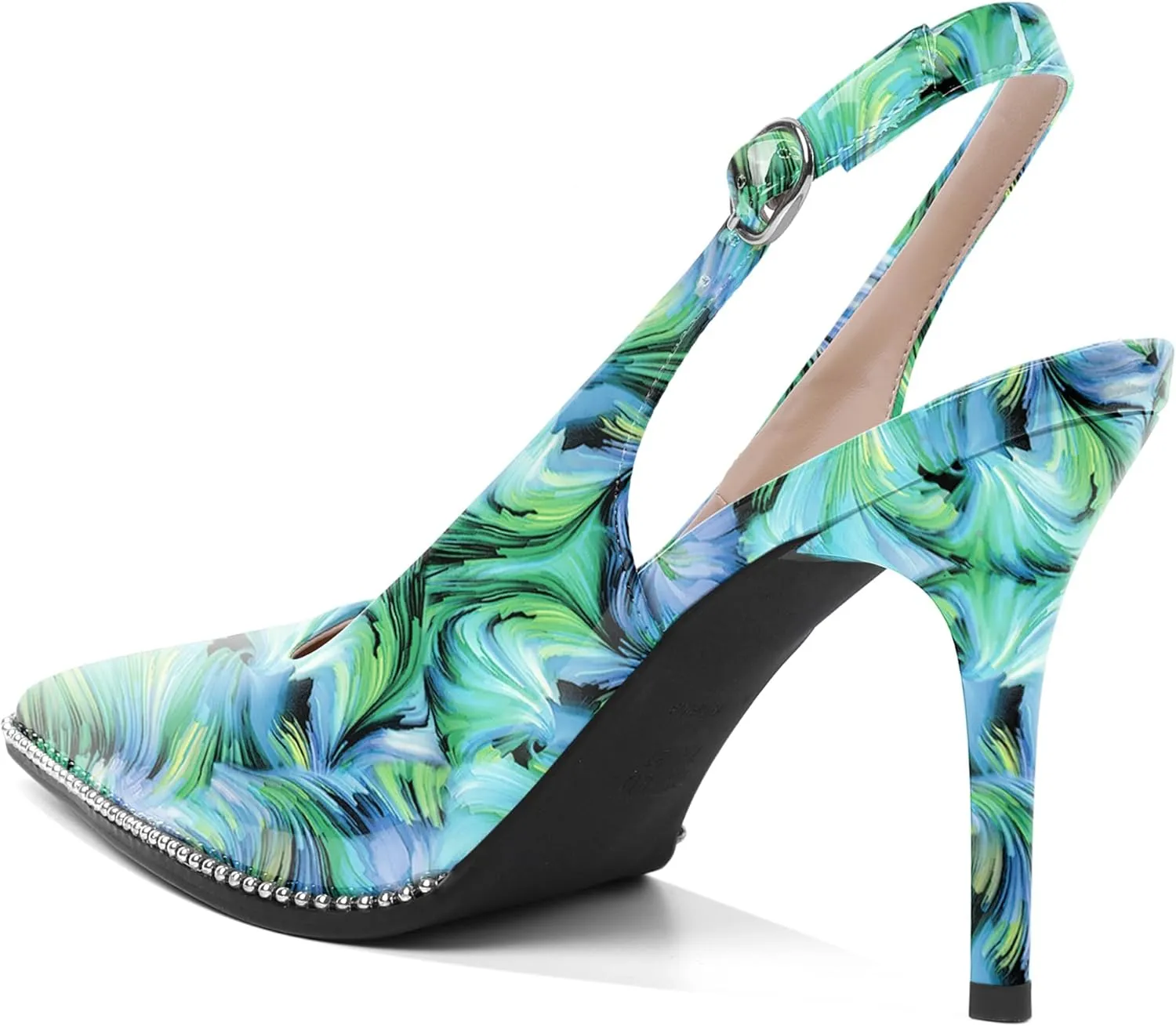 Soireelady Women Slingback High Heel Beaded Pumps Closed Pointed Toe Slip On Stilettos Adjustable Buckle Dress Pumps Shoes Patent 3.5 Inches