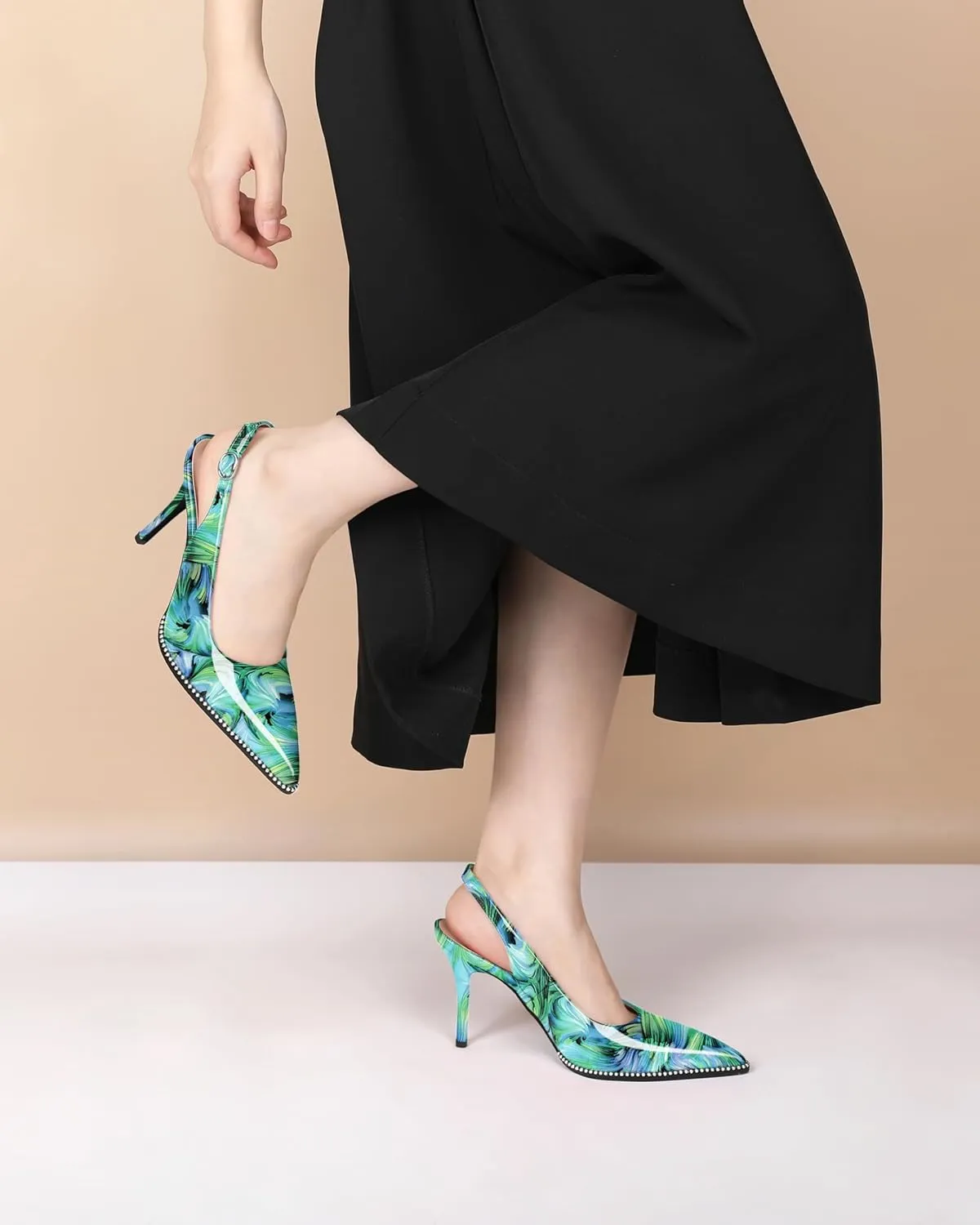 Soireelady Women Slingback High Heel Beaded Pumps Closed Pointed Toe Slip On Stilettos Adjustable Buckle Dress Pumps Shoes Patent 3.5 Inches
