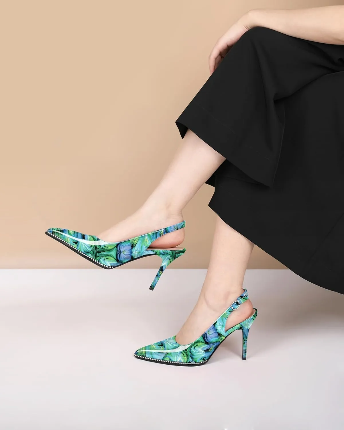 Soireelady Women Slingback High Heel Beaded Pumps Closed Pointed Toe Slip On Stilettos Adjustable Buckle Dress Pumps Shoes Patent 3.5 Inches