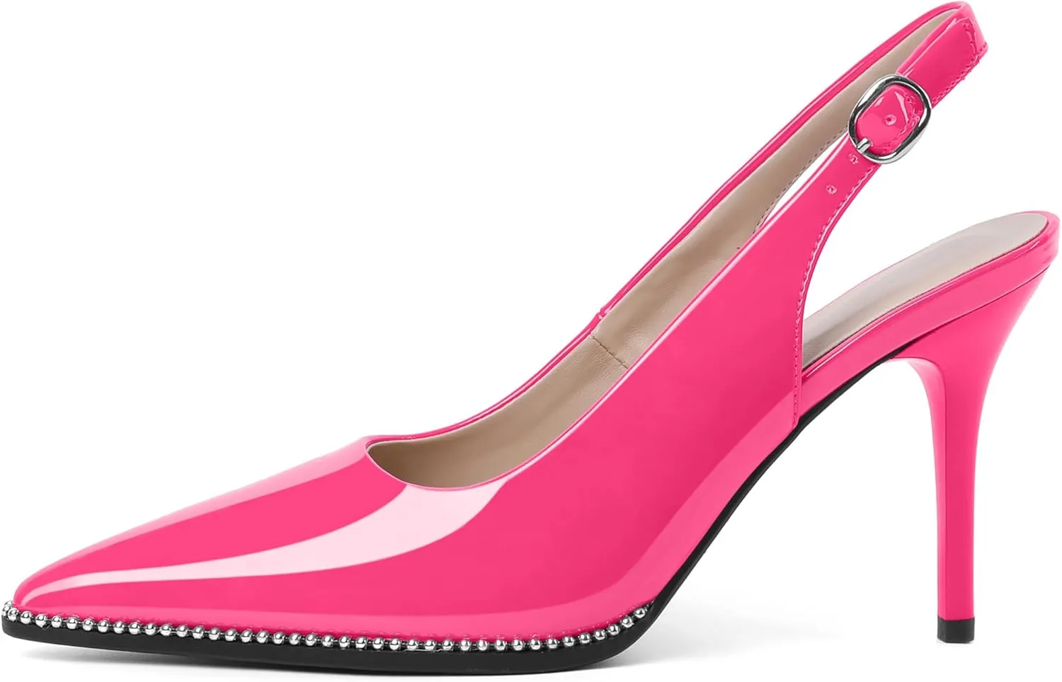 Soireelady Women Slingback High Heel Beaded Pumps Closed Pointed Toe Slip On Stilettos Adjustable Buckle Dress Pumps Shoes Patent 3.5 Inches