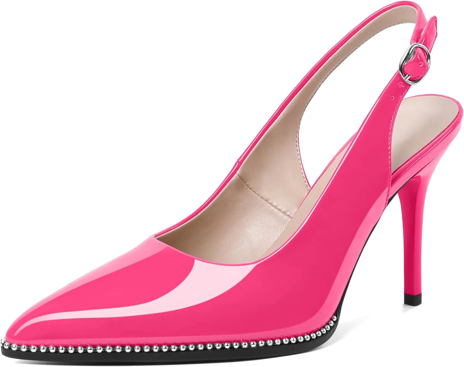 Soireelady Women Slingback High Heel Beaded Pumps Closed Pointed Toe Slip On Stilettos Adjustable Buckle Dress Pumps Shoes Patent 3.5 Inches