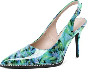 Soireelady Women Slingback High Heel Beaded Pumps Closed Pointed Toe Slip On Stilettos Adjustable Buckle Dress Pumps Shoes Patent 3.5 Inches