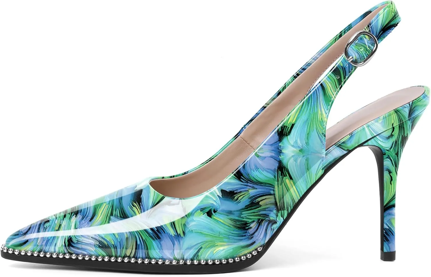 Soireelady Women Slingback High Heel Beaded Pumps Closed Pointed Toe Slip On Stilettos Adjustable Buckle Dress Pumps Shoes Patent 3.5 Inches