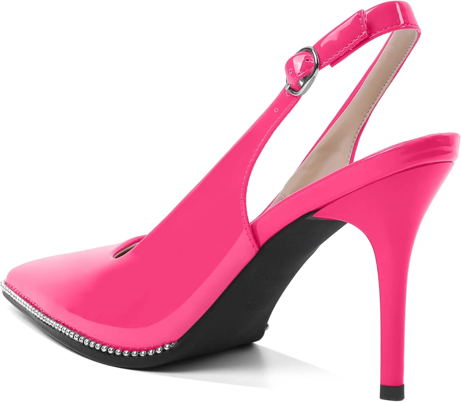Soireelady Women Slingback High Heel Beaded Pumps Closed Pointed Toe Slip On Stilettos Adjustable Buckle Dress Pumps Shoes Patent 3.5 Inches