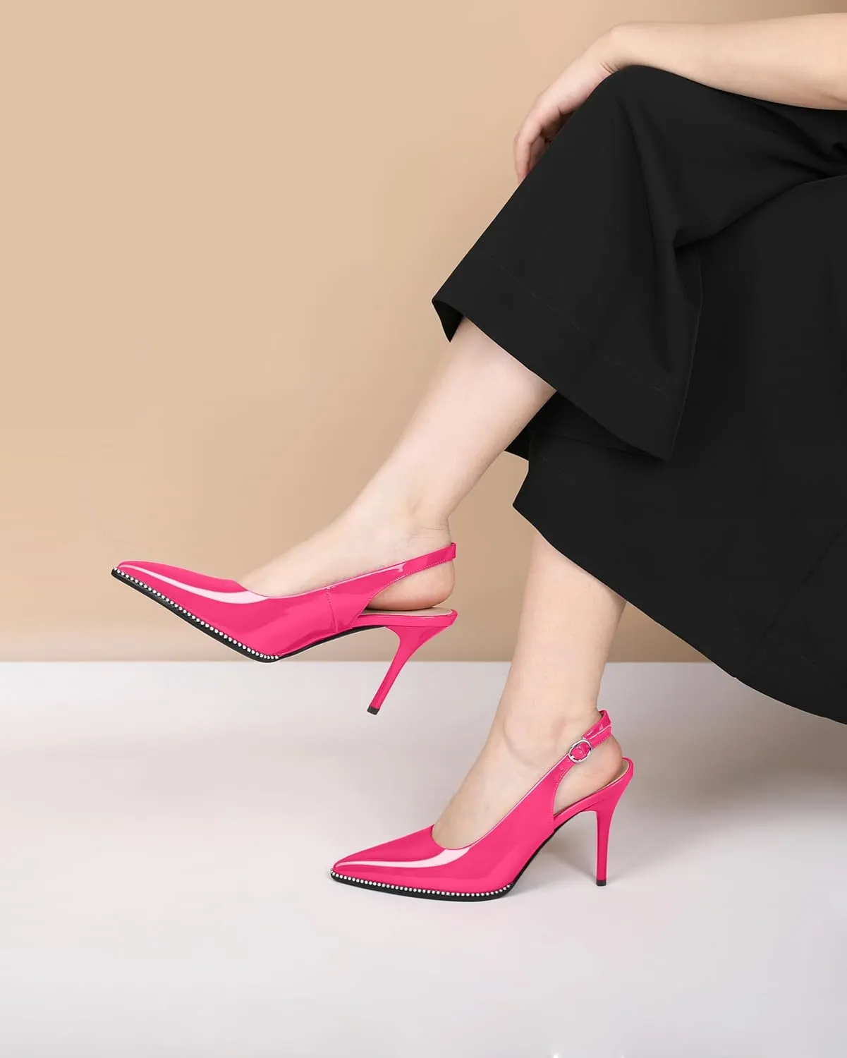 Soireelady Women Slingback High Heel Beaded Pumps Closed Pointed Toe Slip On Stilettos Adjustable Buckle Dress Pumps Shoes Patent 3.5 Inches