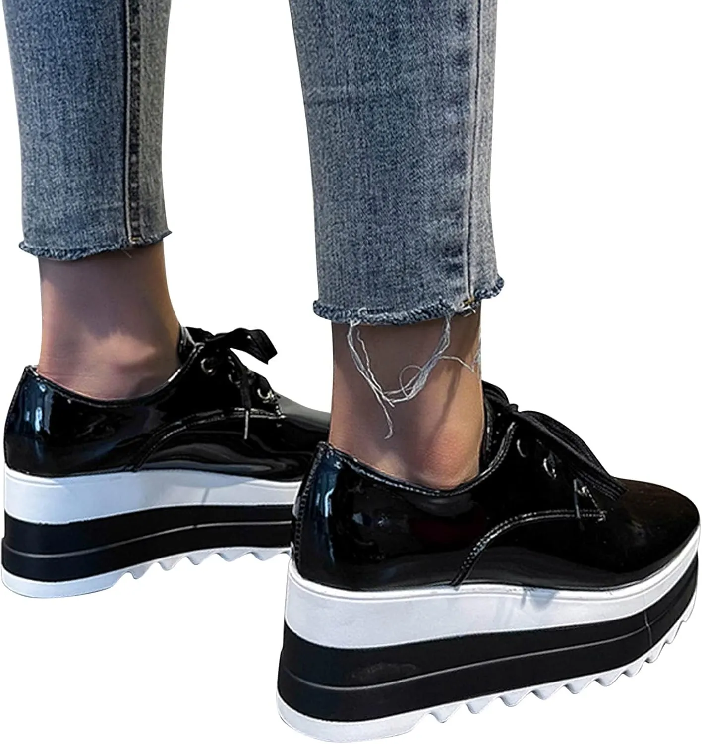 Toe Fashion Color Leather Shoes Women's Bright Solid Strap Casual Platform Women's Sneakers Sneakers with Support for Women (Black, 9.5-10)