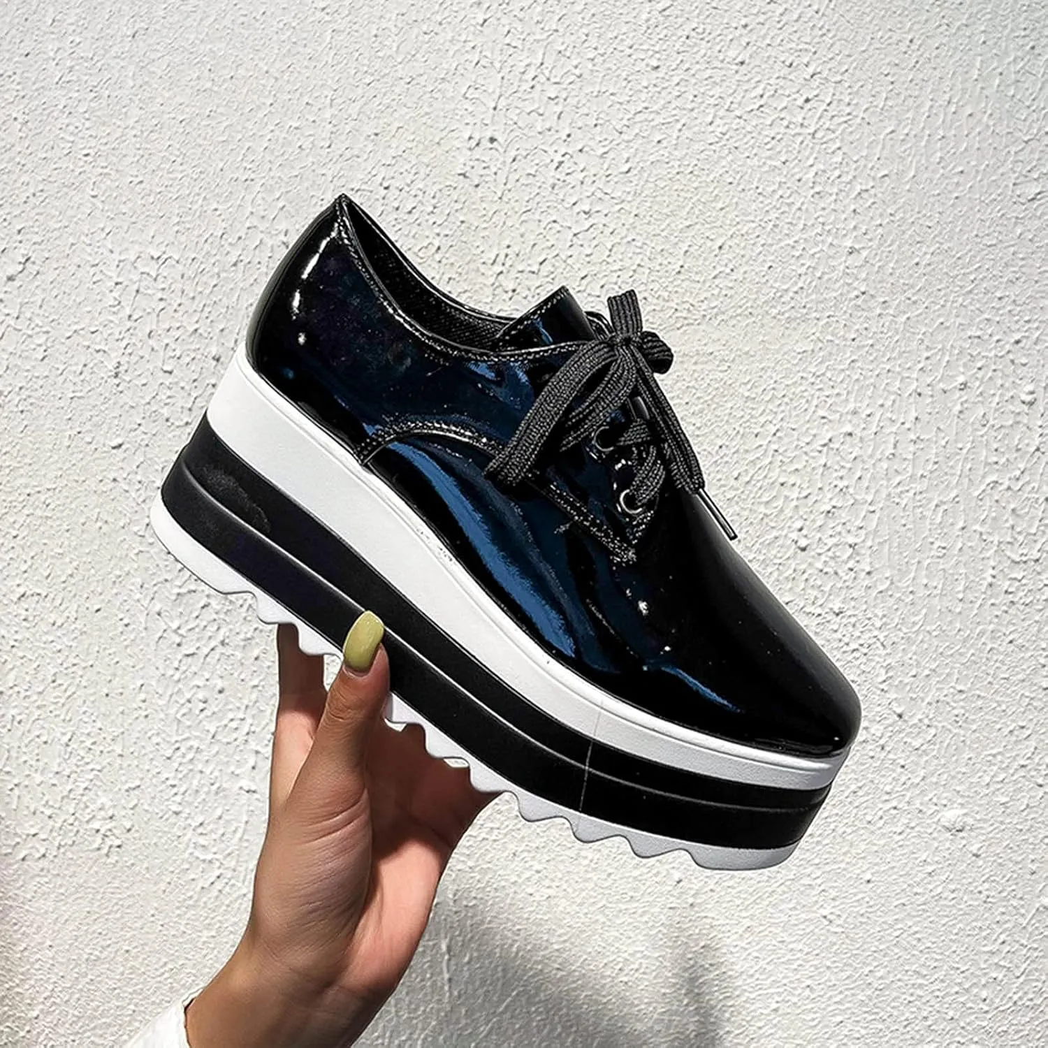 Toe Fashion Color Leather Shoes Women's Bright Solid Strap Casual Platform Women's Sneakers Sneakers with Support for Women (Black, 9.5-10)