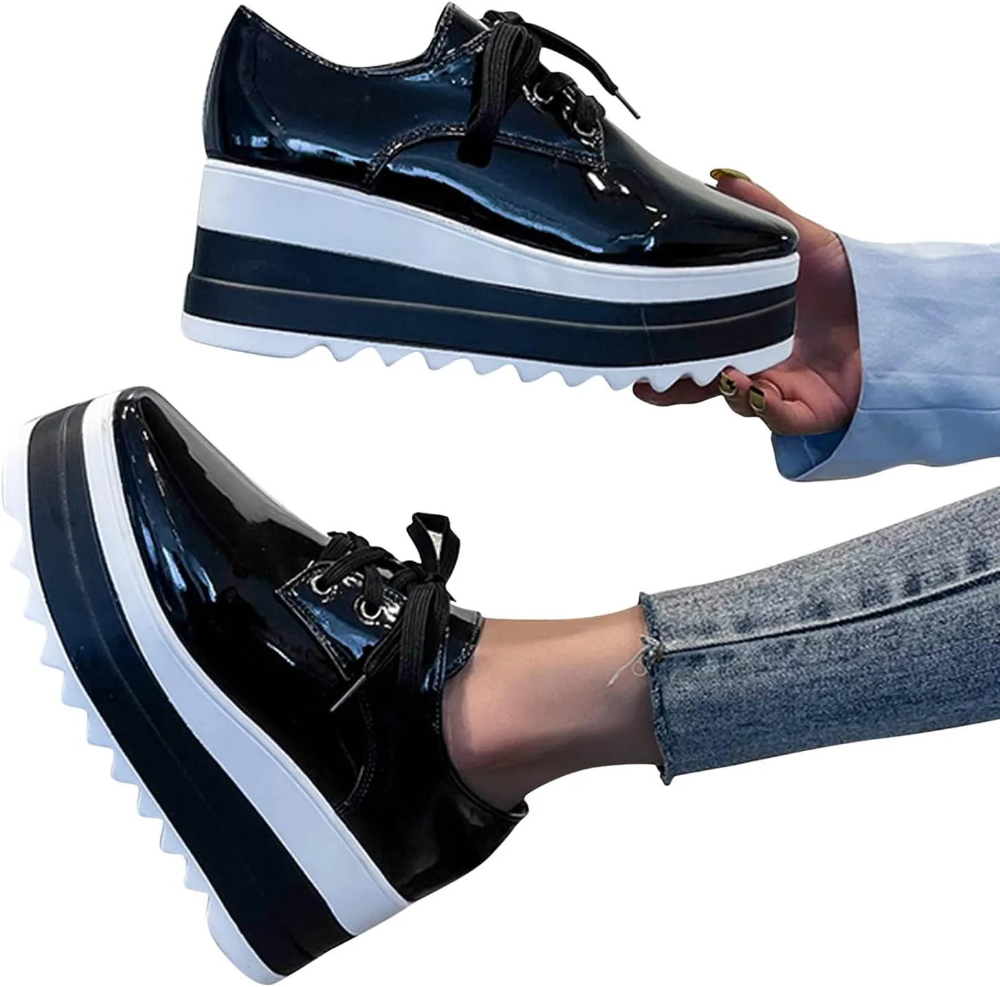 Toe Fashion Color Leather Shoes Women's Bright Solid Strap Casual Platform Women's Sneakers Sneakers with Support for Women (Black, 9.5-10)