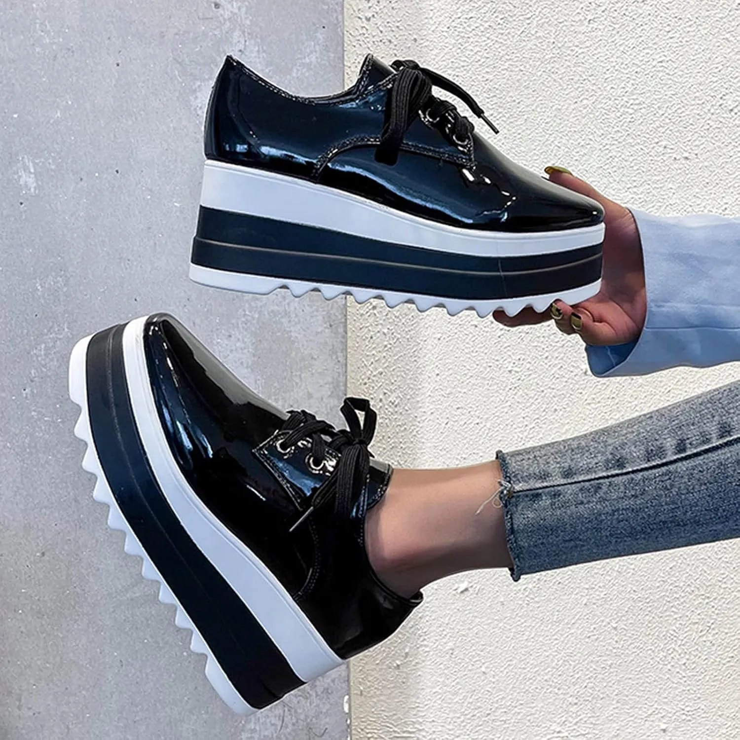 Toe Fashion Color Leather Shoes Women's Bright Solid Strap Casual Platform Women's Sneakers Sneakers with Support for Women (Black, 9.5-10)