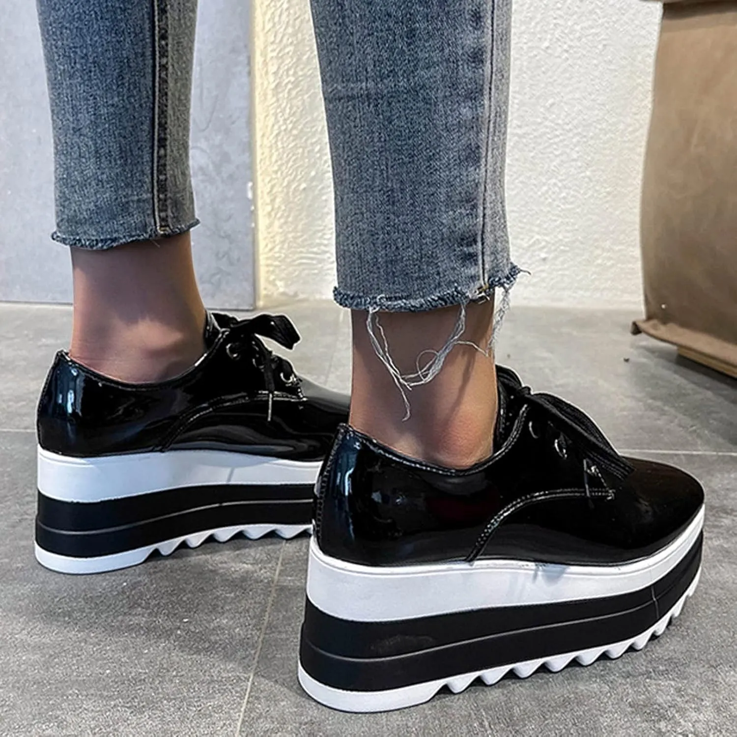 Toe Fashion Color Leather Shoes Women's Bright Solid Strap Casual Platform Women's Sneakers Sneakers with Support for Women (Black, 9.5-10)