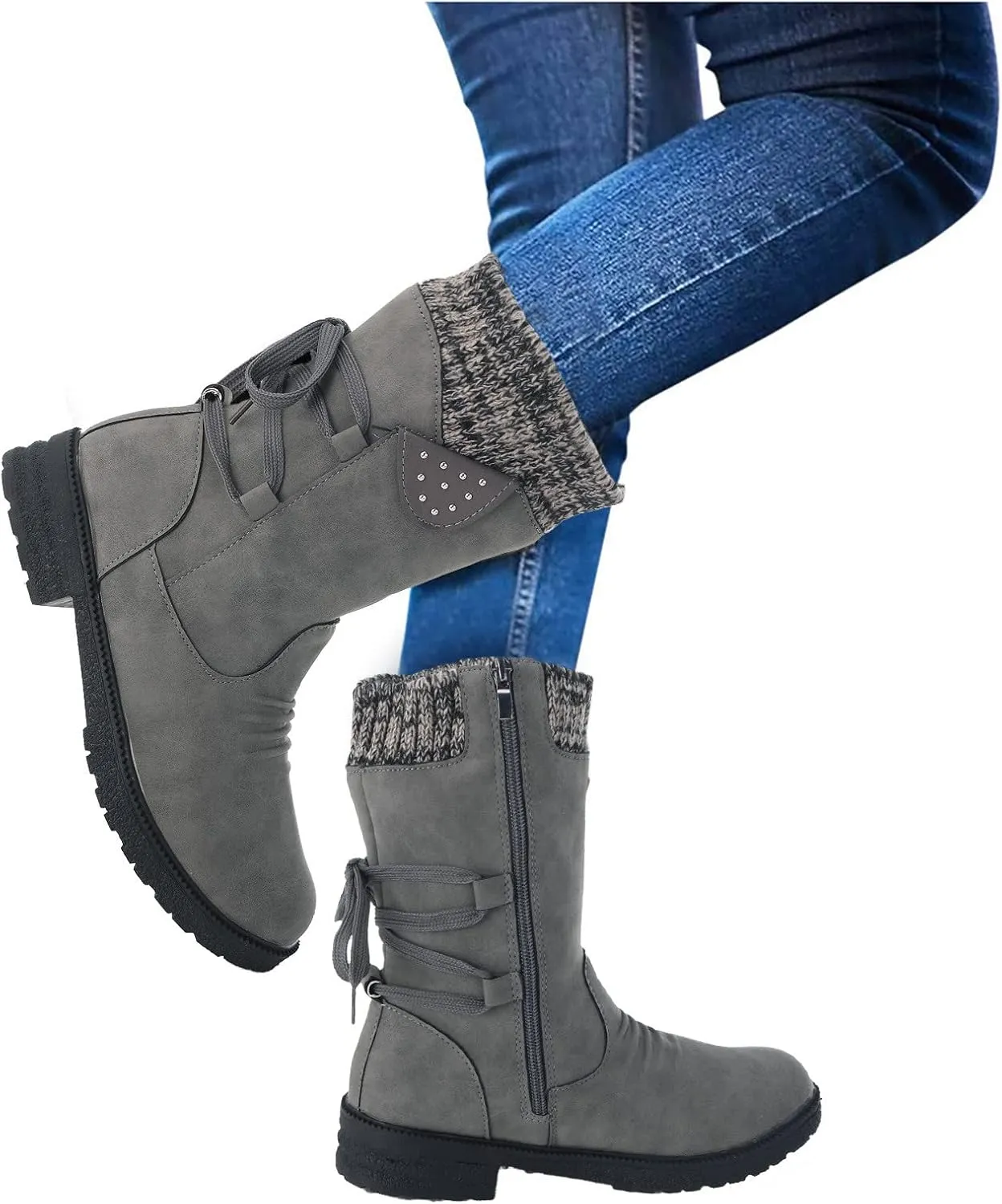 Women Fashion Casual Vintage Retro Mid-Calf Boots Lace Up Thick Heels Shoes Ladies Insulated Snow Boots