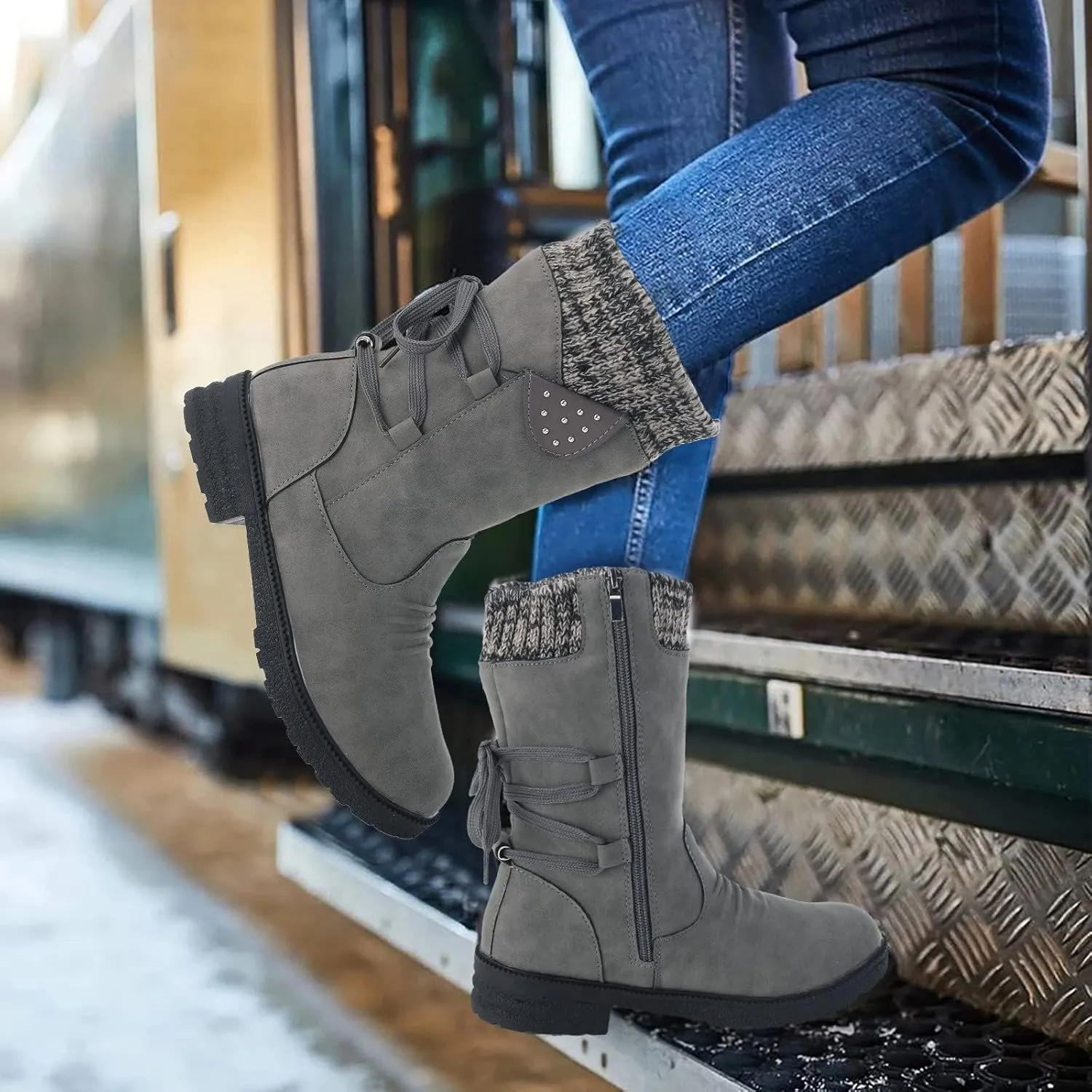 Women Fashion Casual Vintage Retro Mid-Calf Boots Lace Up Thick Heels Shoes Ladies Insulated Snow Boots