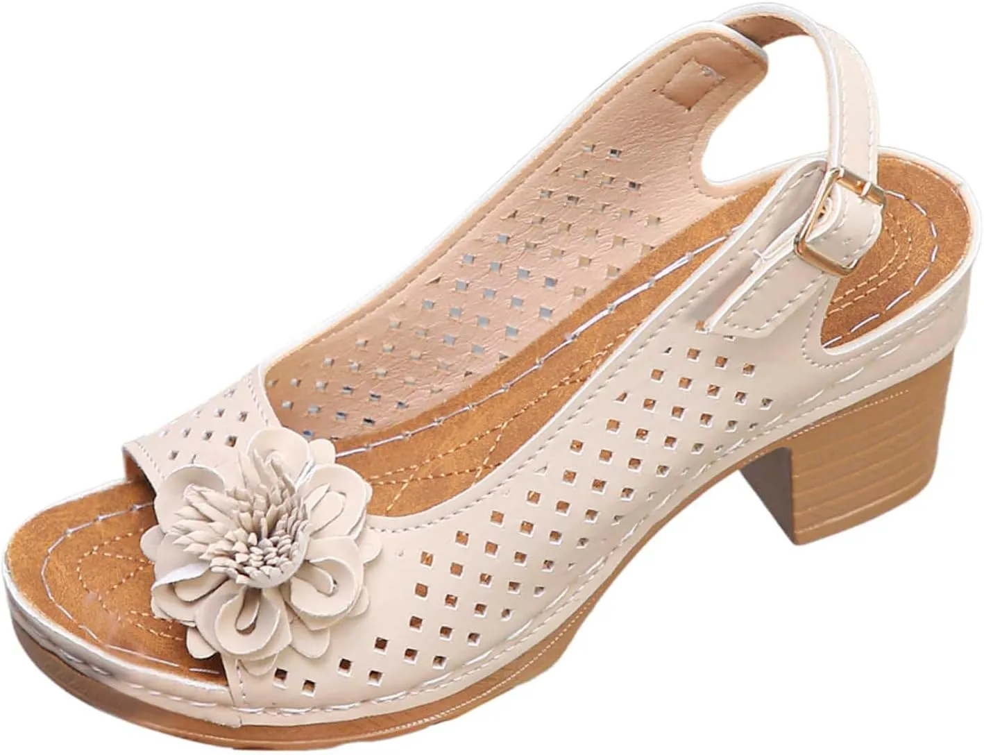 Womens Block Heel Sandals Summer Dressy Fish Mouth Flowers Ankle Buckle Strap Chunky Block Heel Comfortable Hollow Out Platform Wedge Sandals