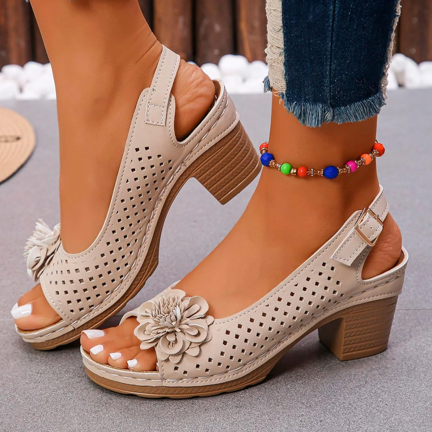 Womens Block Heel Sandals Summer Dressy Fish Mouth Flowers Ankle Buckle Strap Chunky Block Heel Comfortable Hollow Out Platform Wedge Sandals