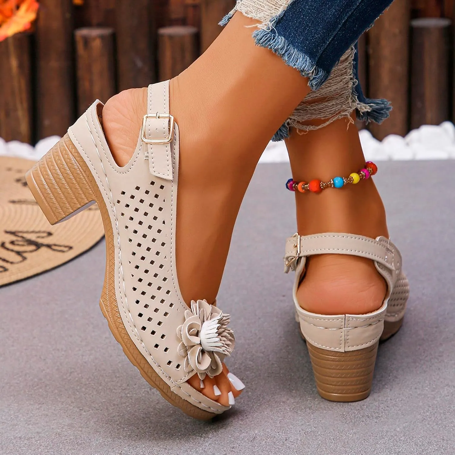 Womens Block Heel Sandals Summer Dressy Fish Mouth Flowers Ankle Buckle Strap Chunky Block Heel Comfortable Hollow Out Platform Wedge Sandals