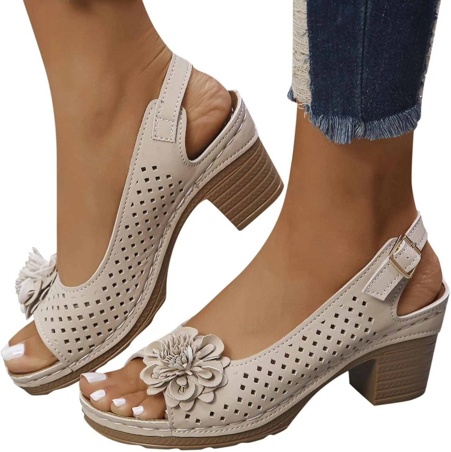 Womens Block Heel Sandals Summer Dressy Fish Mouth Flowers Ankle Buckle Strap Chunky Block Heel Comfortable Hollow Out Platform Wedge Sandals