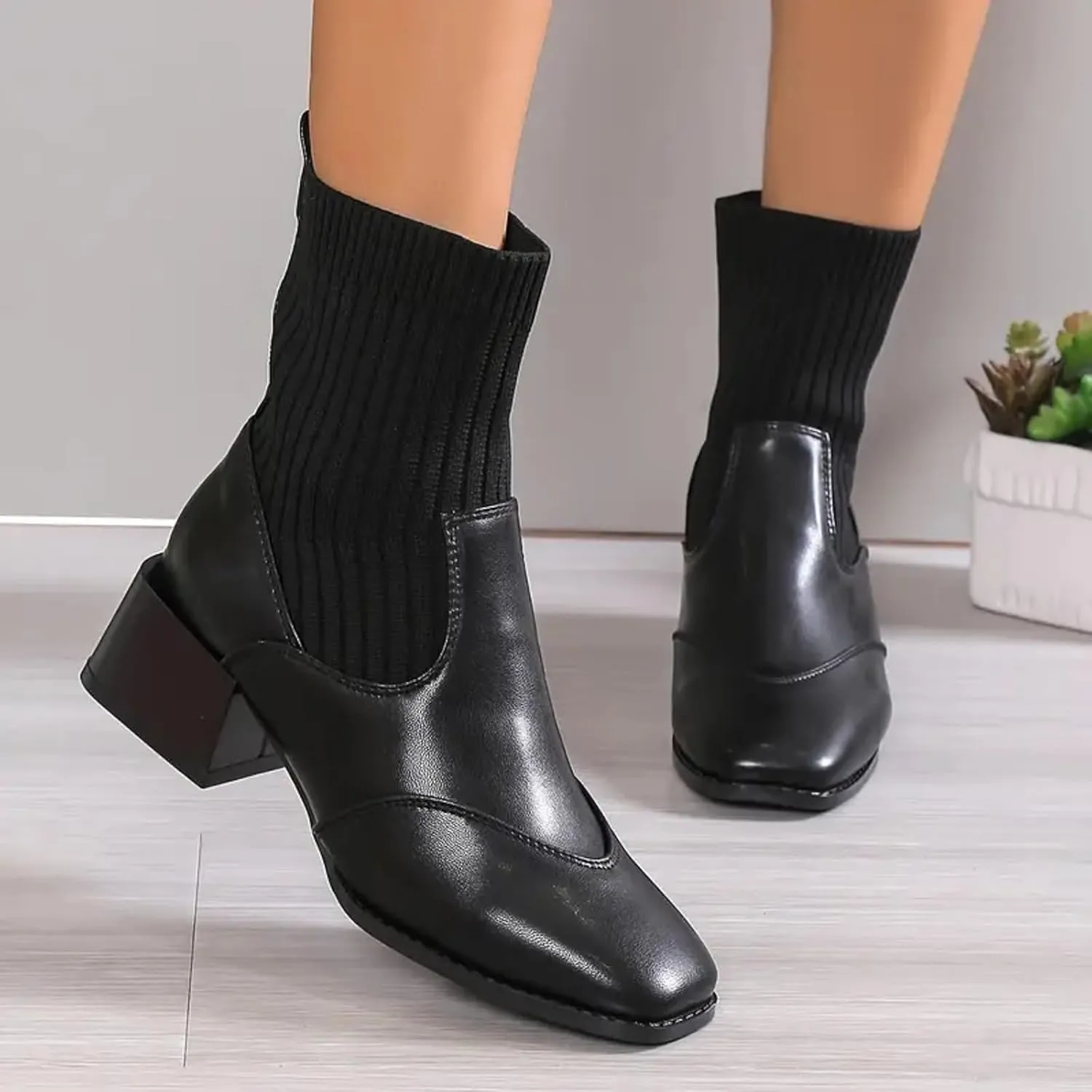 Womens Boots Ankle Boots for Women Fall Winter 2024 Knitted Slim Shoes With Square Toe And Mid Heel Elastic Booties