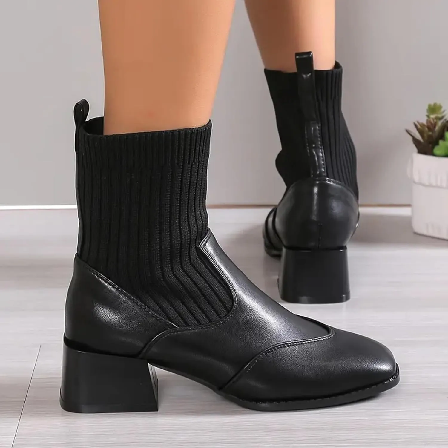 Womens Boots Ankle Boots for Women Fall Winter 2024 Knitted Slim Shoes With Square Toe And Mid Heel Elastic Booties