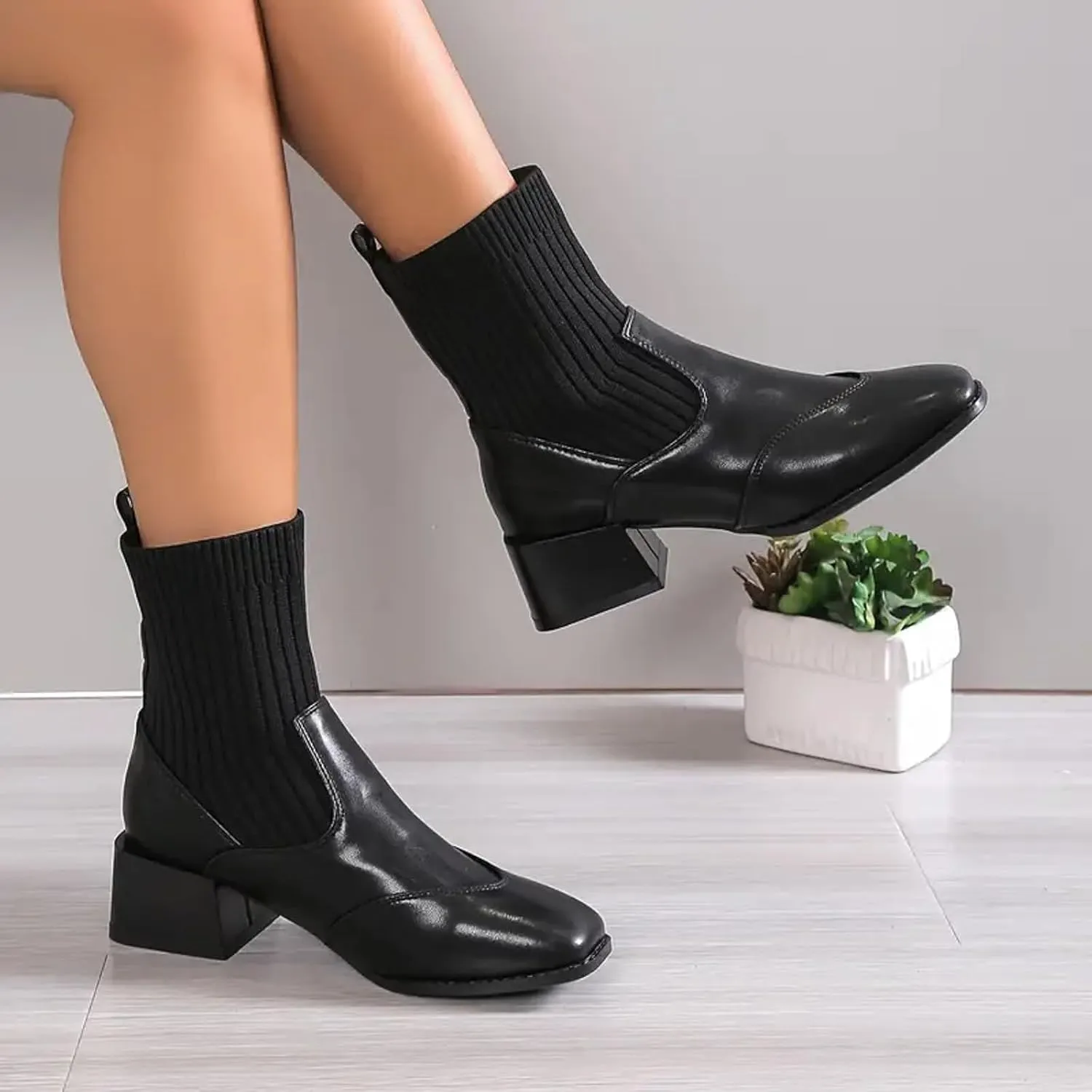 Womens Boots Ankle Boots for Women Fall Winter 2024 Knitted Slim Shoes With Square Toe And Mid Heel Elastic Booties