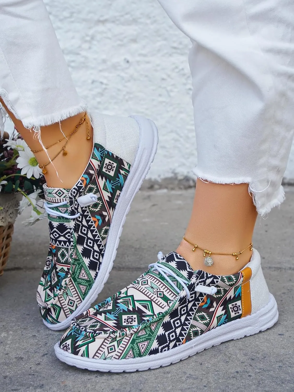 Women's Comfortable Dudes Wendy Aztec Print Lace-up Loafers Orthopedic Ultralight Canvas Boat Casual Shoes with Arch Support