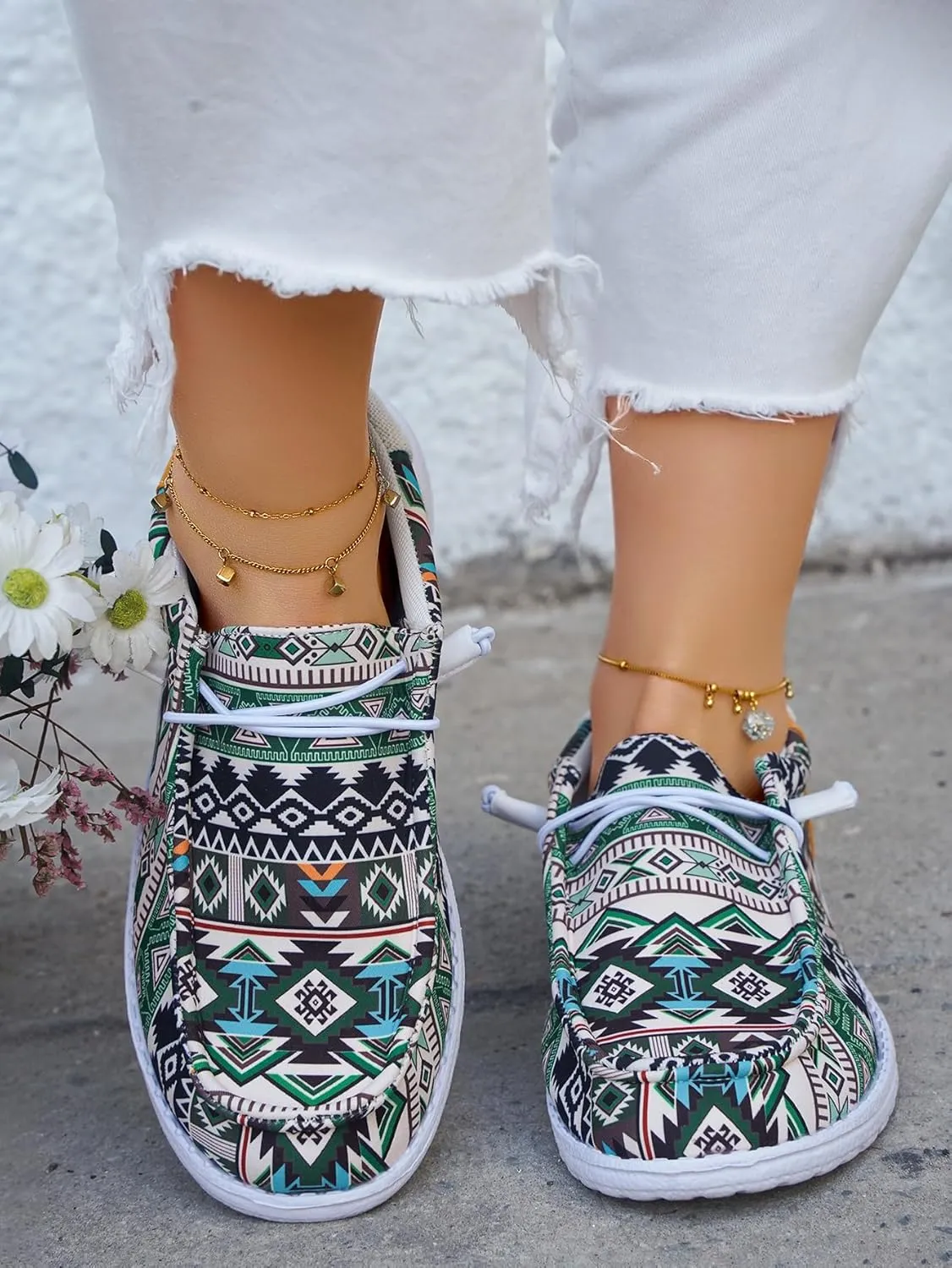 Women's Comfortable Dudes Wendy Aztec Print Lace-up Loafers Orthopedic Ultralight Canvas Boat Casual Shoes with Arch Support