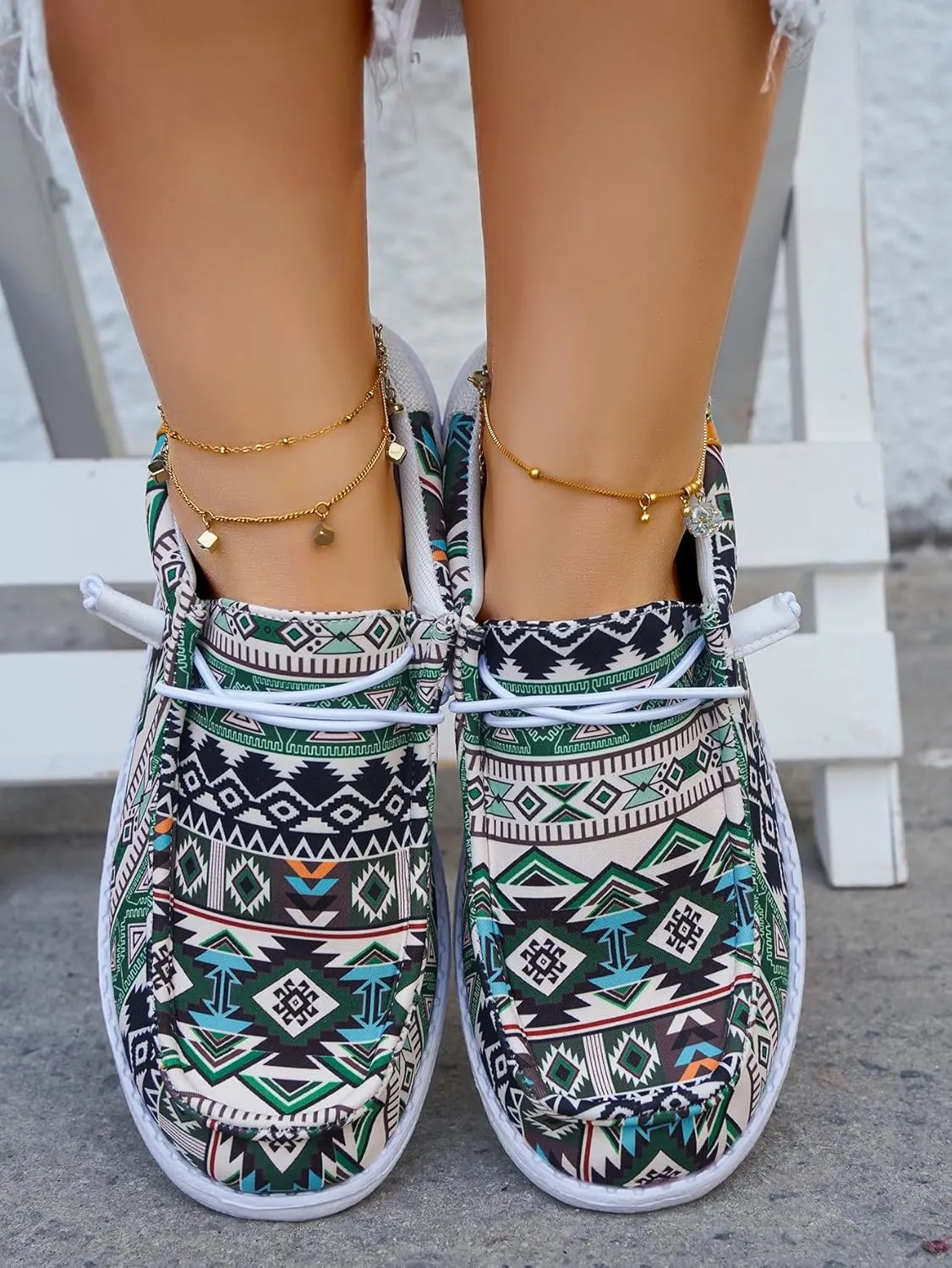 Women's Comfortable Dudes Wendy Aztec Print Lace-up Loafers Orthopedic Ultralight Canvas Boat Casual Shoes with Arch Support