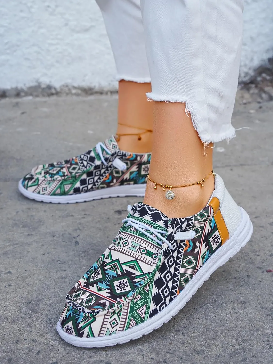 Women's Comfortable Dudes Wendy Aztec Print Lace-up Loafers Orthopedic Ultralight Canvas Boat Casual Shoes with Arch Support