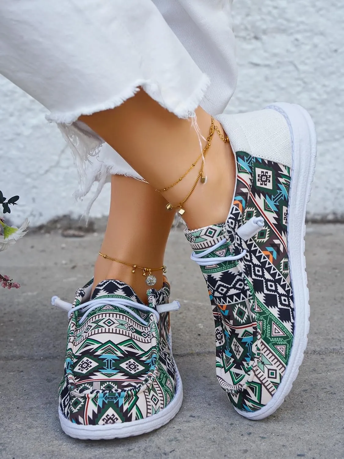 Women's Comfortable Dudes Wendy Aztec Print Lace-up Loafers Orthopedic Ultralight Canvas Boat Casual Shoes with Arch Support