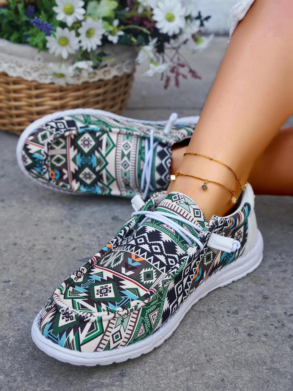 Women's Comfortable Dudes Wendy Aztec Print Lace-up Loafers Orthopedic Ultralight Canvas Boat Casual Shoes with Arch Support