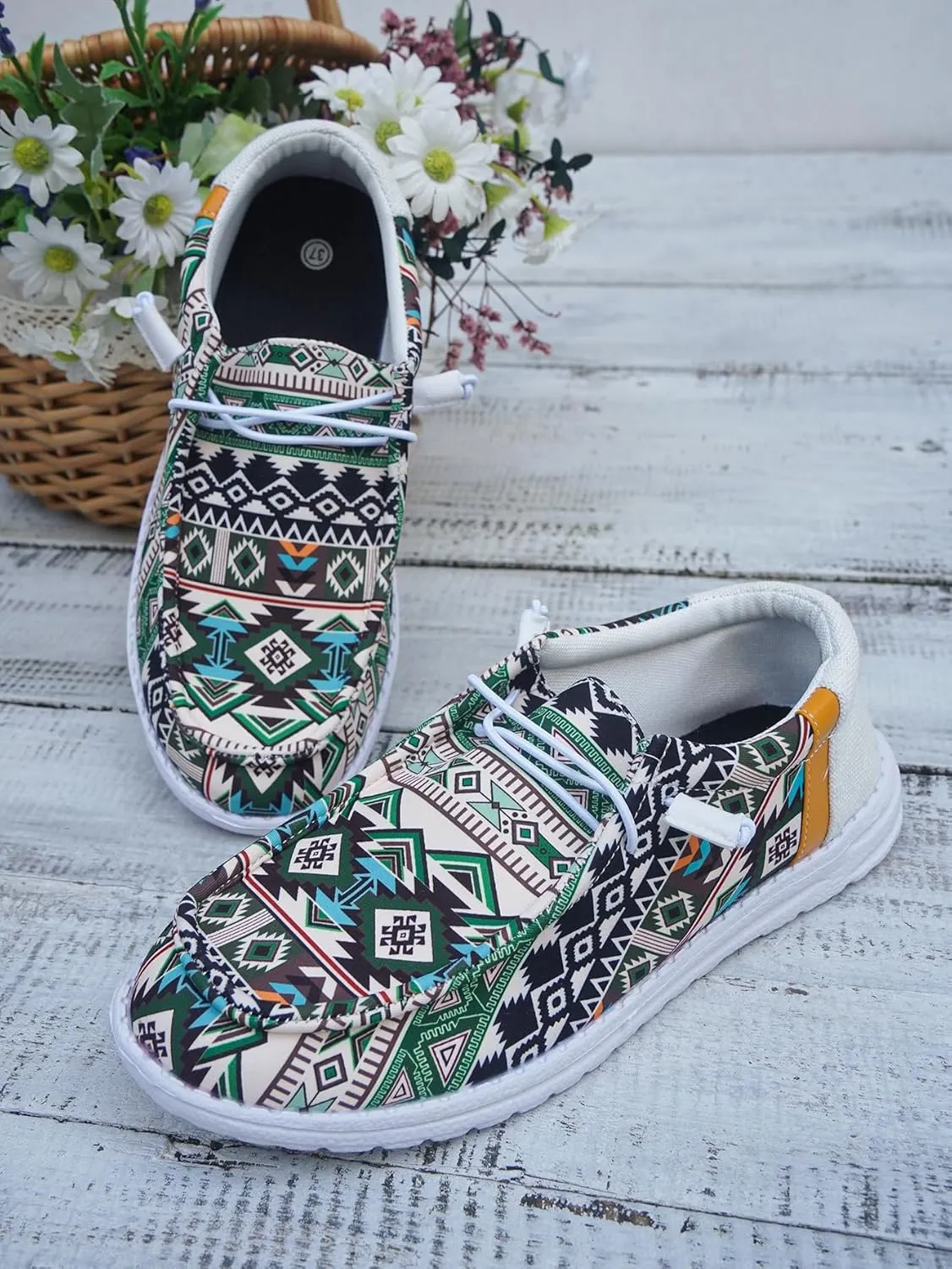 Women's Comfortable Dudes Wendy Aztec Print Lace-up Loafers Orthopedic Ultralight Canvas Boat Casual Shoes with Arch Support