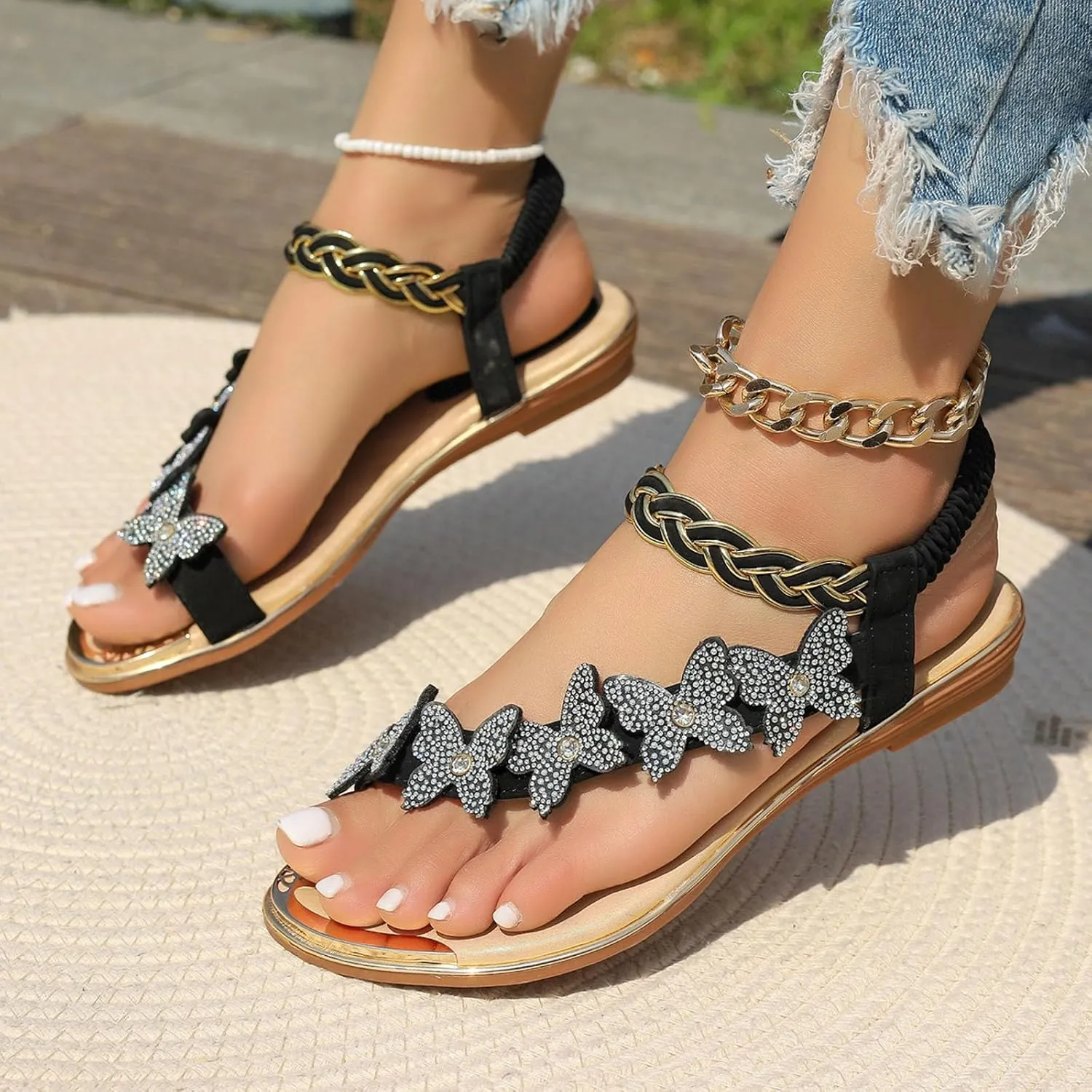 Womens Dressy Summer Slippers For Women Butterfly Decorated Slip On Sandals With Rhinestones Holiday Comfortable Flat
