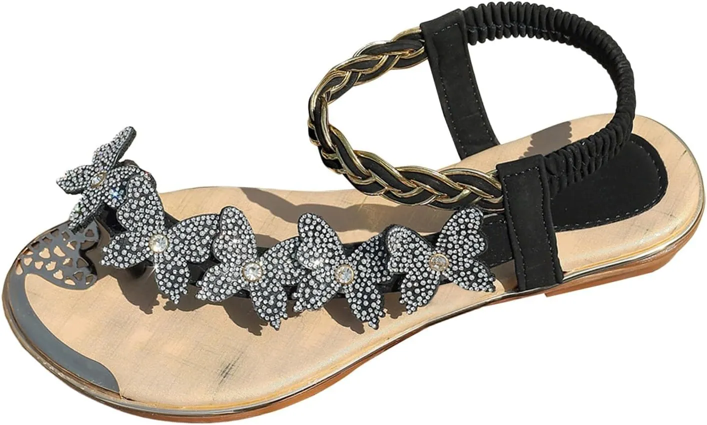 Womens Dressy Summer Slippers For Women Butterfly Decorated Slip On Sandals With Rhinestones Holiday Comfortable Flat
